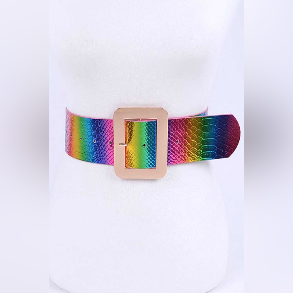 Rainbow Vegan Leather Snakeskin Animal Print Statement Belt